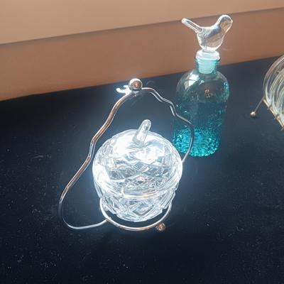 CRYSTAL APPLE JAM JAR, BLUE GLASS BOTTLE W/BIRD TOPPER AND GLASS COASTERS IN A STAND