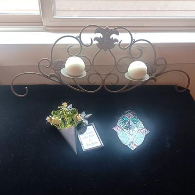 IRON WALL HUNG CANDLE SCONCE, METAL WALL POCKET AND PIECE OF STAINED GLASS