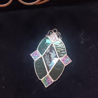 IRON WALL HUNG CANDLE SCONCE, METAL WALL POCKET AND PIECE OF STAINED GLASS