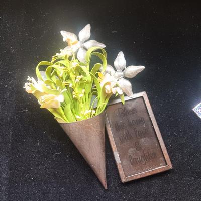 IRON WALL HUNG CANDLE SCONCE, METAL WALL POCKET AND PIECE OF STAINED GLASS