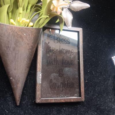 IRON WALL HUNG CANDLE SCONCE, METAL WALL POCKET AND PIECE OF STAINED GLASS