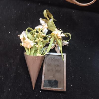 IRON WALL HUNG CANDLE SCONCE, METAL WALL POCKET AND PIECE OF STAINED GLASS