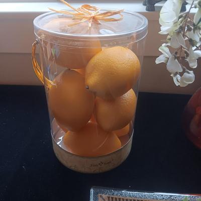 DECORATIVE FRUIT, GLASS PINEAPPLE PLATE & VASE PLUS FAUX PLANT IN METAL POT