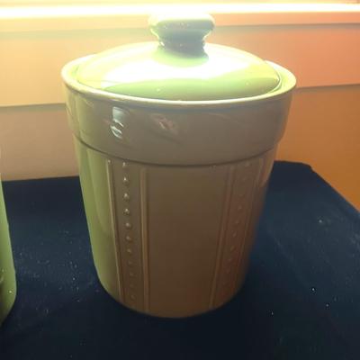2 GREEN CANISTERS AND A MILK GLASS JUICER