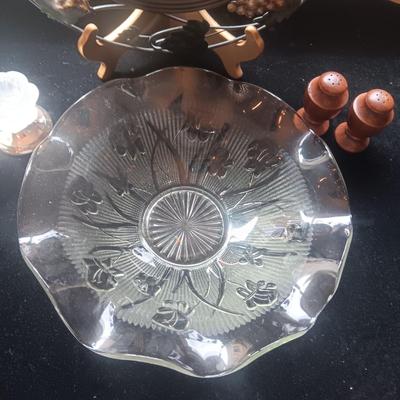 METAL CLOCK WITH GRAPES, GLASS SERVING BOWL, WOODEN S & P SHAKERS AND CANDLE HOLDERS