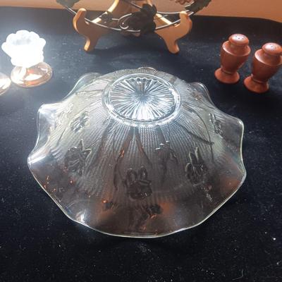 METAL CLOCK WITH GRAPES, GLASS SERVING BOWL, WOODEN S & P SHAKERS AND CANDLE HOLDERS