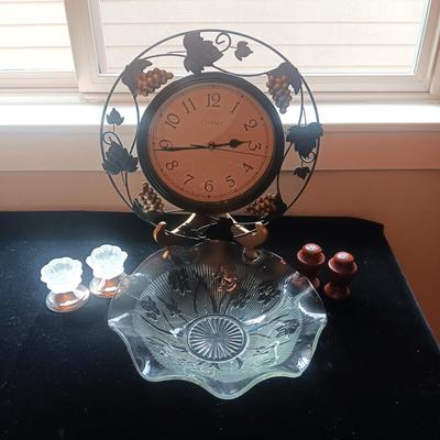 METAL CLOCK WITH GRAPES, GLASS SERVING BOWL, WOODEN S & P SHAKERS AND CANDLE HOLDERS