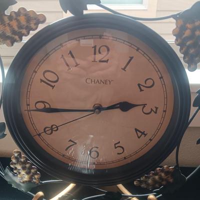 METAL CLOCK WITH GRAPES, GLASS SERVING BOWL, WOODEN S & P SHAKERS AND CANDLE HOLDERS