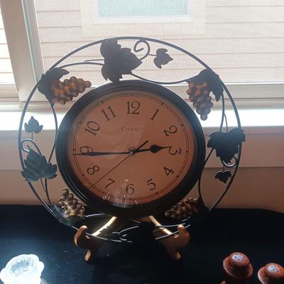METAL CLOCK WITH GRAPES, GLASS SERVING BOWL, WOODEN S & P SHAKERS AND CANDLE HOLDERS