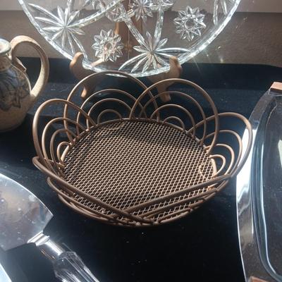 GLASS PLATTER, METAL BASKET, CLAY CREAMER, CAKE SERVING UTENSILS AND METAL SERVING TRAY