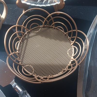 GLASS PLATTER, METAL BASKET, CLAY CREAMER, CAKE SERVING UTENSILS AND METAL SERVING TRAY