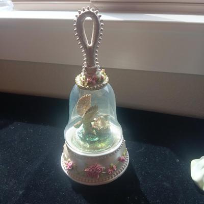 3 MUSIC BOXES, LADY FIGURINE AND CANDLE HOLDER