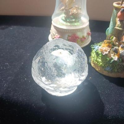 3 MUSIC BOXES, LADY FIGURINE AND CANDLE HOLDER