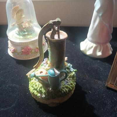 3 MUSIC BOXES, LADY FIGURINE AND CANDLE HOLDER