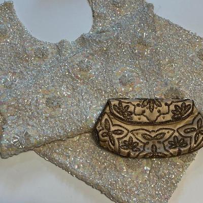 Gene Shelly Fully Sequin & Beaded White Evening Dress & Beaded Clutch