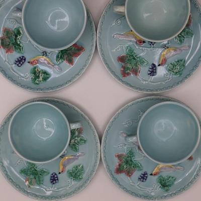 Zell Baden MAJOLICA Birds & Grapes (4) Snack Plates with (4) Teacups, Germany