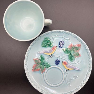 Zell Baden MAJOLICA Birds & Grapes (4) Snack Plates with (4) Teacups, Germany