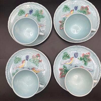 Zell Baden MAJOLICA Birds & Grapes (4) Snack Plates with (4) Teacups, Germany