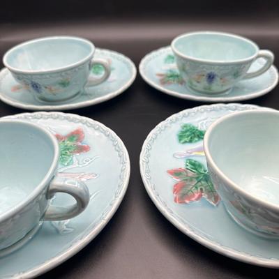 Zell Baden MAJOLICA Birds & Grapes (4) Snack Plates with (4) Teacups, Germany