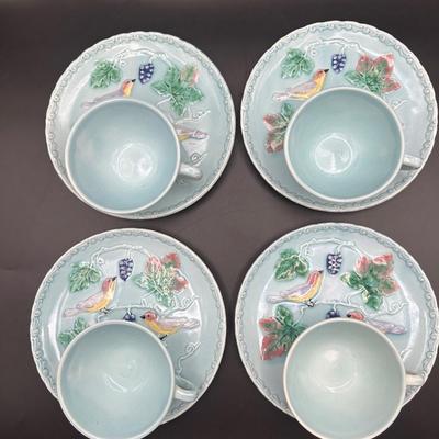 Zell Baden MAJOLICA Birds & Grapes (4) Snack Plates with (4) Teacups, Germany