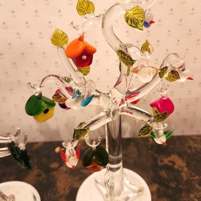 Lot #74 Lot of 2 Glass Christmas Trees - mirrored base - hanging glass ornaments