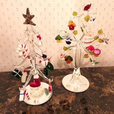 Lot #74 Lot of 2 Glass Christmas Trees - mirrored base - hanging glass ornaments