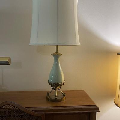 Two French Celadon & Gilt Brass Lamps