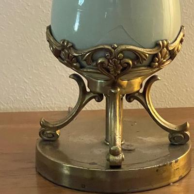 Two French Celadon & Gilt Brass Lamps