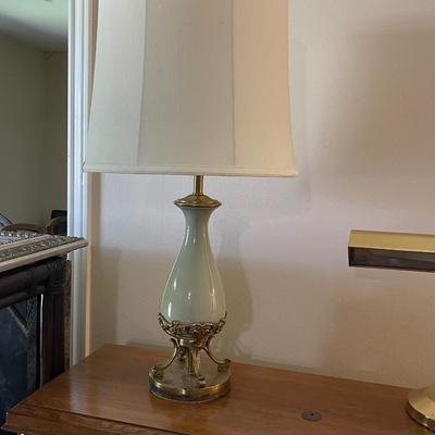 Two French Celadon & Gilt Brass Lamps