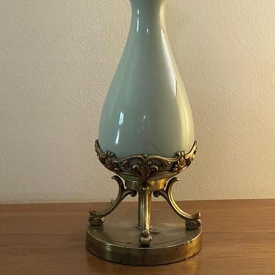 Two French Celadon & Gilt Brass Lamps
