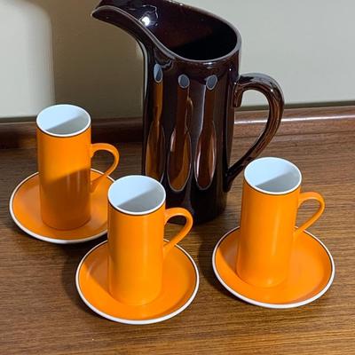 MCM Tackett Serving Pitcher, Cup and Saucers Mid Century Lot