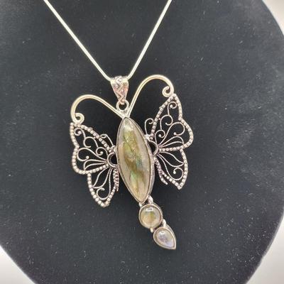 Silver Filigree Butterfly Labradorite Necklace