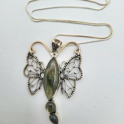 Silver Filigree Butterfly Labradorite Necklace