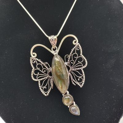 Silver Filigree Butterfly Labradorite Necklace