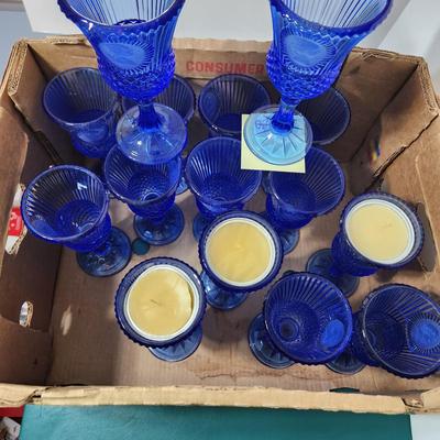 Box Lot of 15 Blue Avon Fostoria Glasses