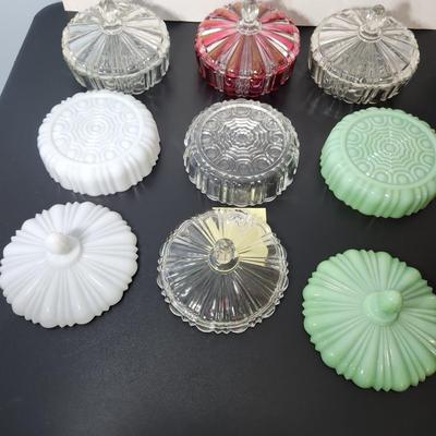 lot of 6 Glass Covered Dishes Milk Glass Jadeite Green