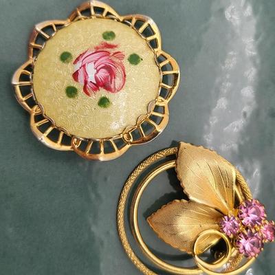 Two Vintage Pins Guillioche & Rhinestone