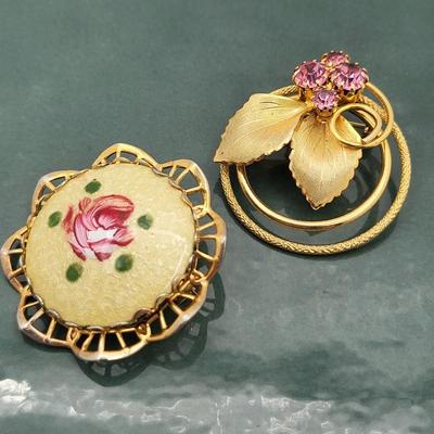 Two Vintage Pins Guillioche & Rhinestone