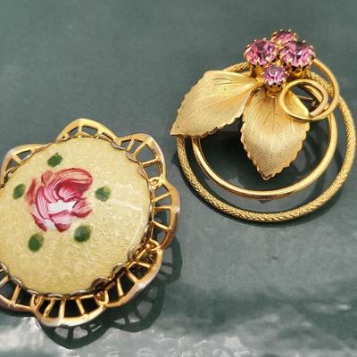 Two Vintage Pins Guillioche & Rhinestone