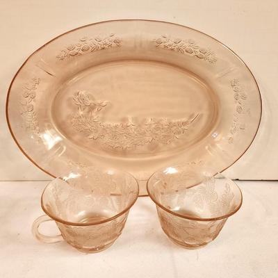 Lot #94 Depression Glass - 3 piece lot - 2 Dogwood cups, 1 Sharon/Cabbage Rose Platter