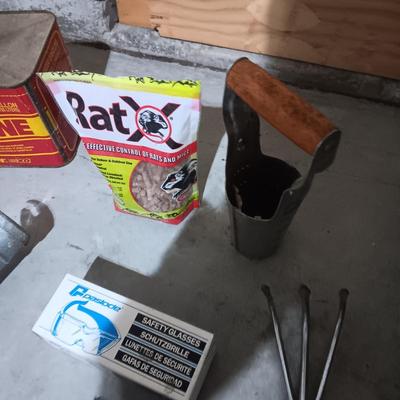 YARD HAND TOOLS, 2 TARPS, EXTENSION CORD, SHELF BRACES