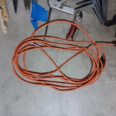 YARD HAND TOOLS, 2 TARPS, EXTENSION CORD, SHELF BRACES
