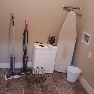 DIRT DEVIL POWER STICK, SWIFFER WET JET, CLOTHES HAMPER, IRON AND BOARD