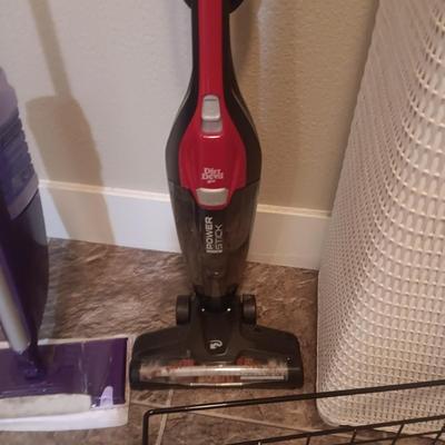 DIRT DEVIL POWER STICK, SWIFFER WET JET, CLOTHES HAMPER, IRON AND BOARD