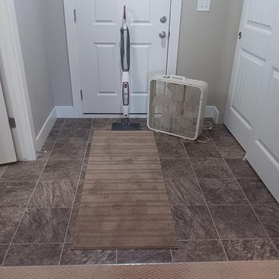 SHARK FLOOR STEAM CLEANER, BOX FAN AND NO SLIP RUG
