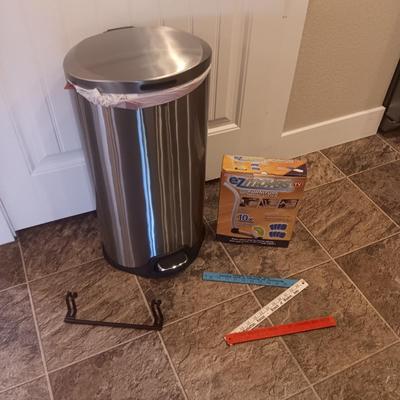 STEP STAINLESS STEEL TRASH CAN, EZ MOVERS, FOLDING YARDSTICK AND CABINET TOWEL RACK