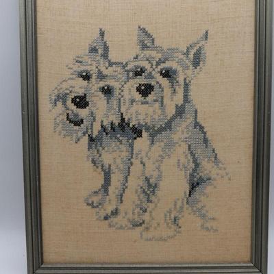 Vintage Cross Stitch Needlepoint Art Schnauzer Dogs