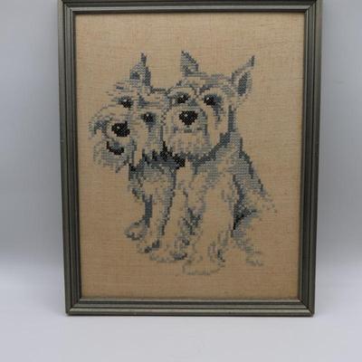 Vintage Cross Stitch Needlepoint Art Schnauzer Dogs