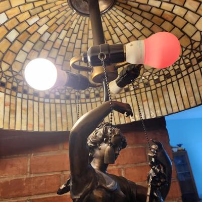 Heavy Tiffany Style Table Metal lamp 3 Lights w Pull Cords