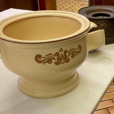 Pfaltzgraff Village pattern tureen with copper warmer
